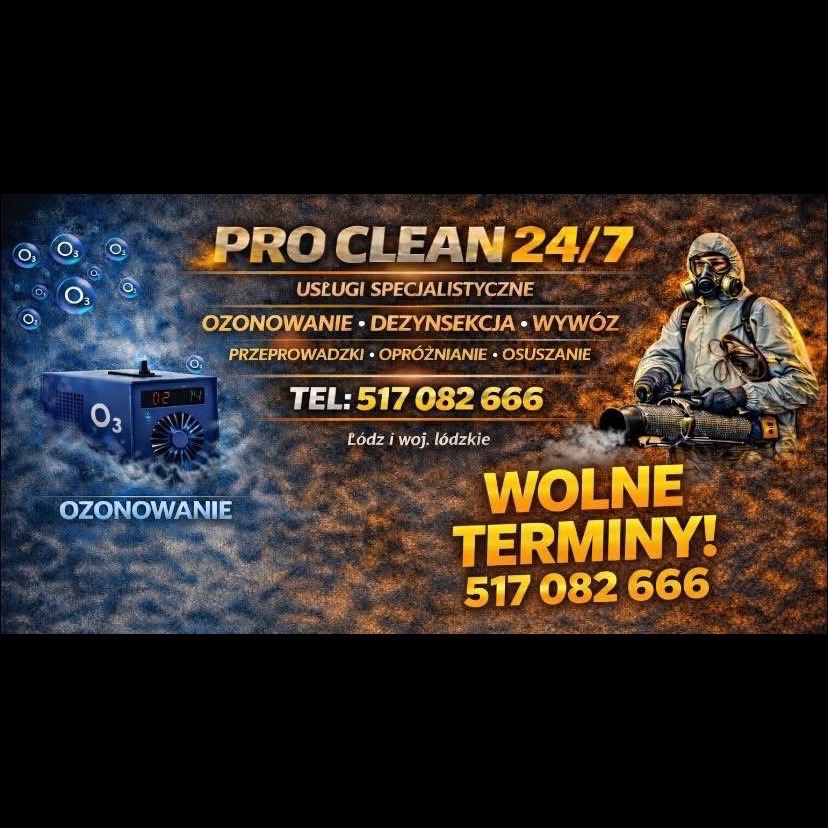 Grafika reklamowa Pro Clean 24/7: ozonowanie, dezynsekcja, wywóz, przeprowadzki, opróżnianie, osuszanie. Kontakt: 517 082 666. Wolne terminy!