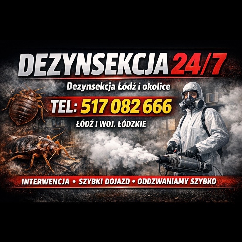 Grafika reklamowa: Dezynsekcja 24/7 w Łodzi i okolicach. Pracownik w kombinezonie ochronnym z opryskiwaczem, pluskarz i karaluch. Interwencja, szybki dojazd.