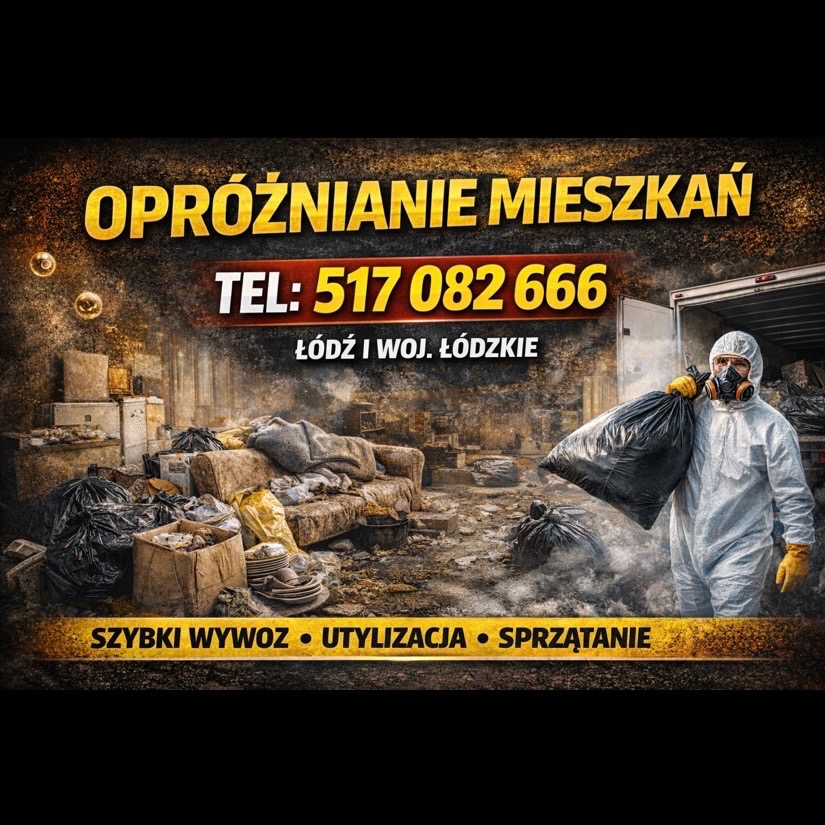 Plakat reklamowy: opróżnianie mieszkań w Łodzi i woj. łódzkim. Osoba w kombinezonie ochronnym wynosi worek śmieci z mieszkania. Szybki wywóz, utylizacja, sprzątanie.