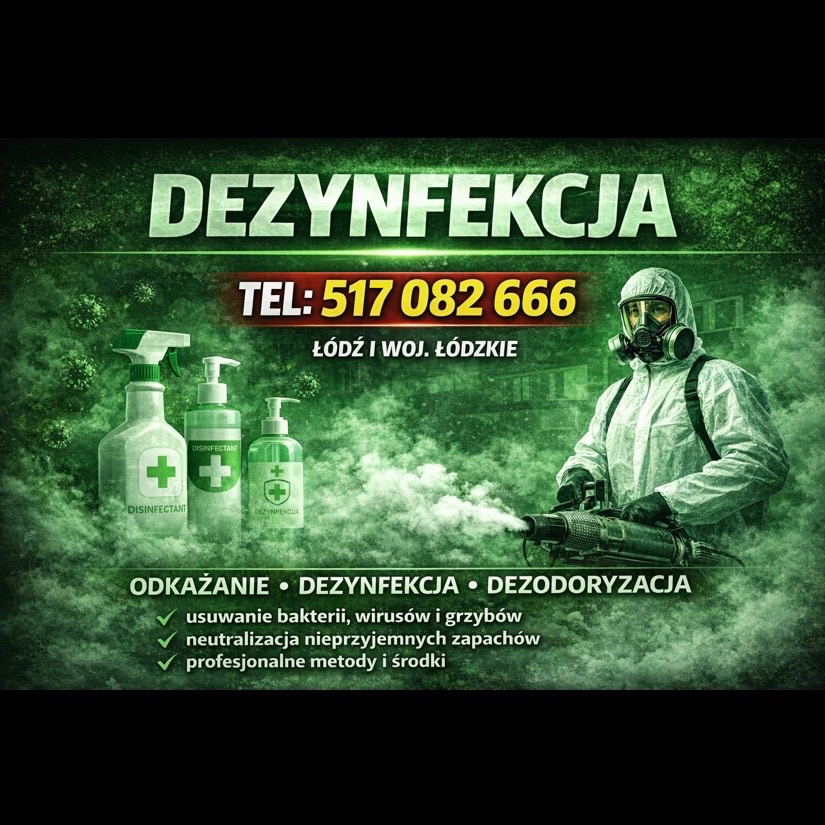 Grafika reklamowa: Dezynfekcja w Łodzi i woj. łódzkim. Osoba w kombinezonie ochronnym z urządzeniem do zamgławiania, butelki z płynem dezynfekującym.