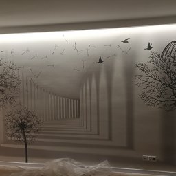 Domex - Ściana z fototapetą: iluzja tunelu, dmuchawce i ptaki w locie. Nowoczesne wykończenie wnętrza z oświetleniem LED podsufitowym i dekoracyjną lampą.