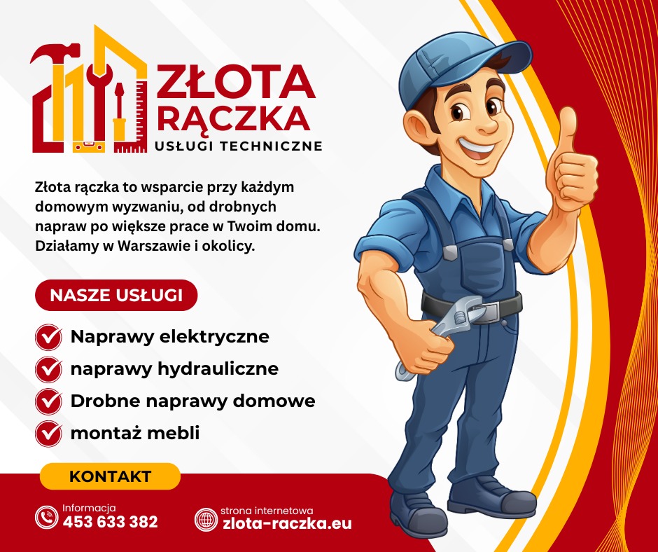 Ilustracja reklamowa firmy Złota Rączka z uśmiechniętym hydraulikiem trzymającym klucz francuski, oferującej naprawy elektryczne, hydrauliczne i montaż mebli.
