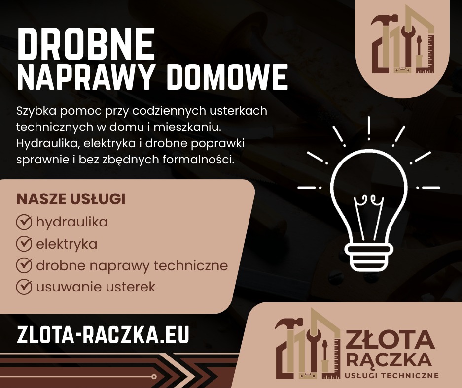 Grafika reklamowa usług 'Złota Rączka' z ofertą drobnych napraw domowych, hydrauliki i elektryki. W tle narzędzia, a w centrum ikona żarówki symbolizująca pomysłowość.