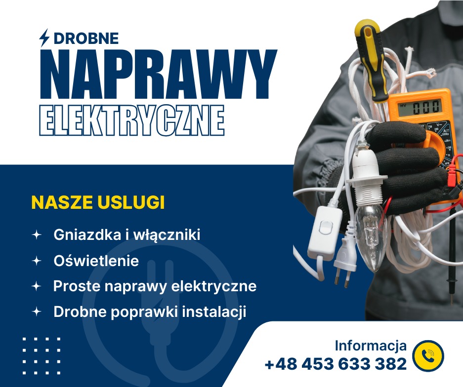 Grafika reklamowa: Drobne naprawy elektryczne. Usługi: gniazdka, oświetlenie, naprawy, poprawki instalacji. Kontakt: +48 453 633 382. Multimetr i żarówka.