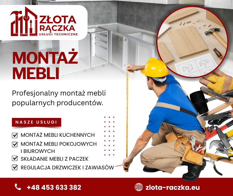 Montera w kasku mierzy szafkę kuchenną. W tle narzędzia i instrukcja montażu. Grafika reklamowa z logo firmy oferującej składanie mebli.