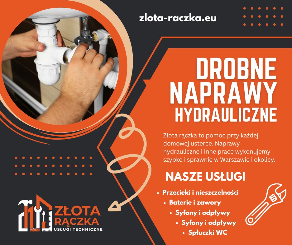 Grafika reklamowa usług hydraulicznych: ręce przy białym syfonie umywalki, hasło 'Drobne naprawy hydrauliczne', logo 'Złota Rączka' i lista usług.