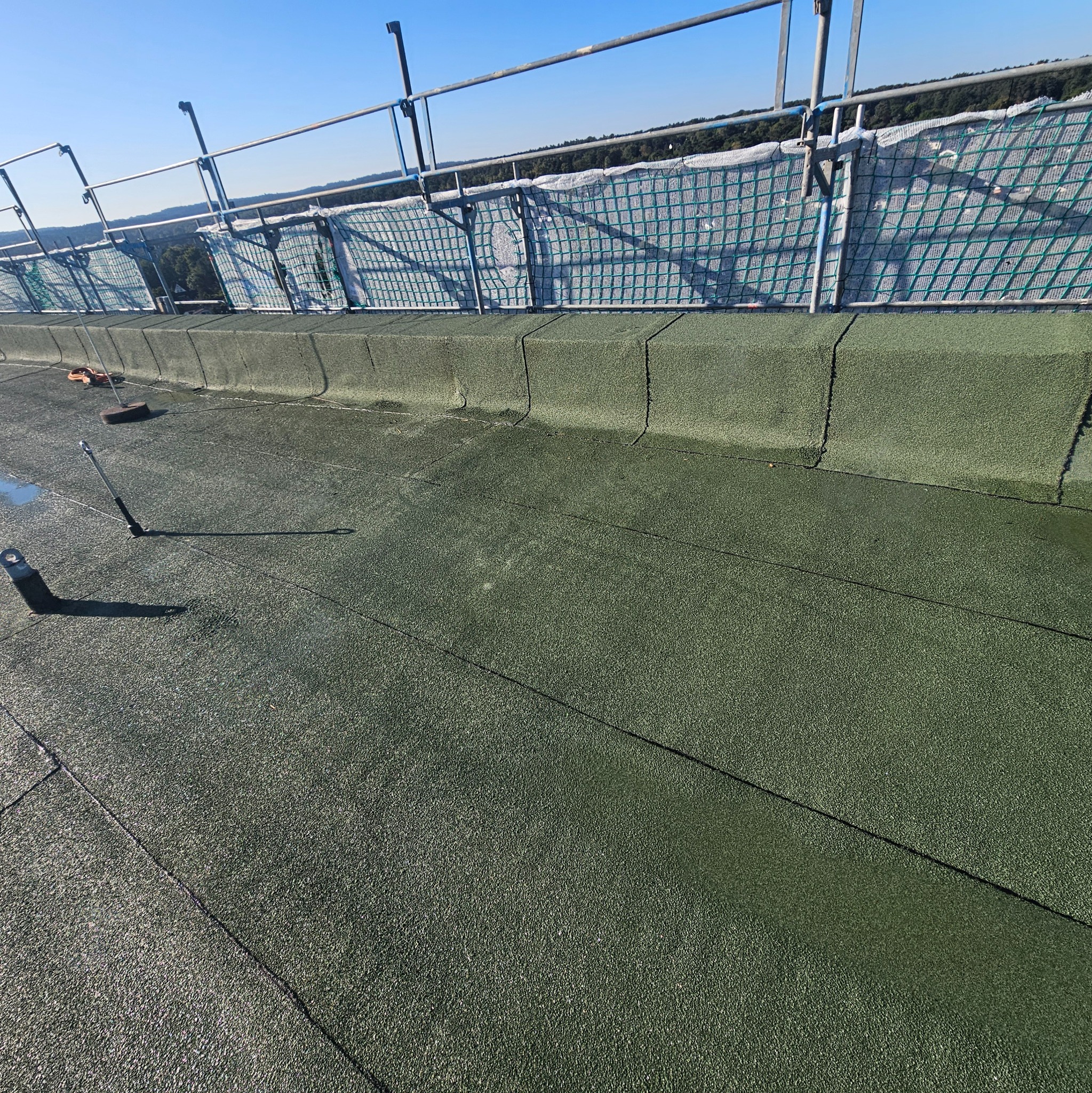 Zielony, płaski dach z widocznymi narzędziami i zabezpieczeniami rusztowania. Dach pokryty papą, z widocznymi łączeniami. W tle zieleń drzew i błękitne niebo.