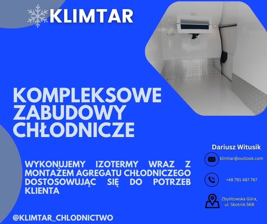 Grafika reklamowa firmy Klimtar z Zgłobice, oferującej kompleksowe zabudowy chłodnicze, w tle wnętrze zabudowy chłodniczej z zamontowanym agregatem.