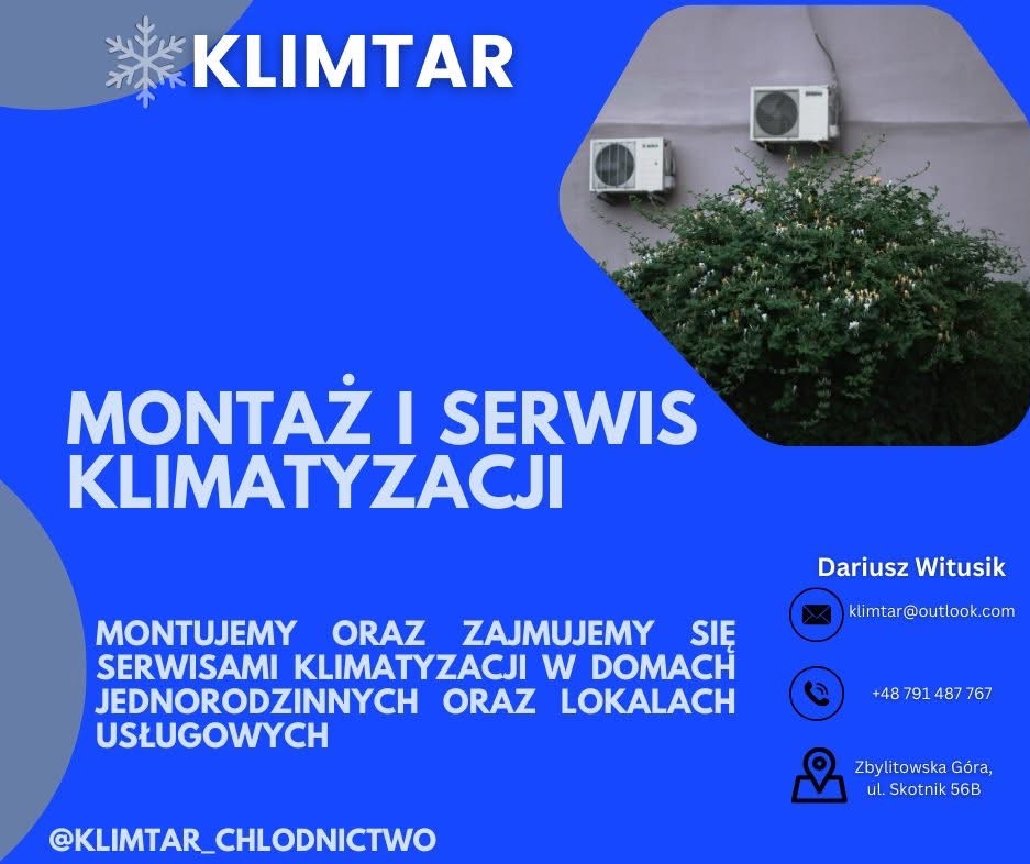 Grafika reklamowa firmy Klimtar Chłodnictwo oferującej montaż i serwis klimatyzacji domowej i w lokalach usługowych, z dwoma zewnętrznymi jednostkami klimatyzacji na szarej ścianie za krzewem.