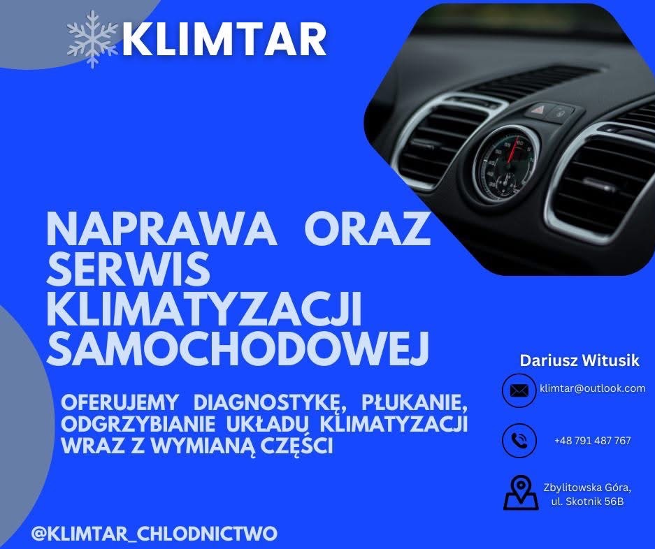 Reklama serwisu samochodowego Klimtar, oferującego naprawę i serwis klimatyzacji samochodowej, diagnostykę, płukanie, odgrzybianie i wymianę części, z widocznymi kratkami nawiewu w samochodzie.