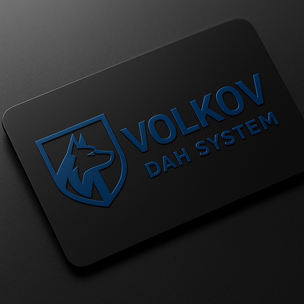 Eleganckie logo firmy 'Volkov Dah System' w odcieniach granatu na czarnym tle. Minimalistyczny design z motywem wilka w tarczy.