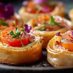 Kuchnia Sztuki - Delikatne tartaletki z pomidorami i ziołami, udekorowane jadalnymi kwiatami, prezentowane na ciemnym talerzu. Elegancka kompozycja kulinarna.