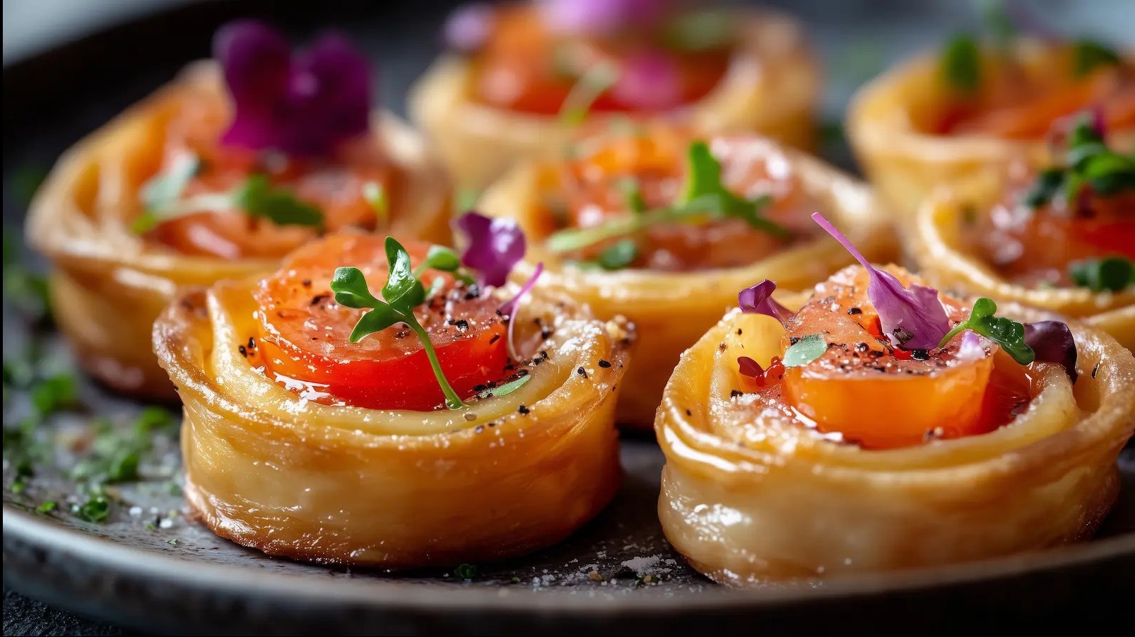 Delikatne tartaletki z pomidorami i ziołami, udekorowane jadalnymi kwiatami, prezentowane na ciemnym talerzu. Elegancka kompozycja kulinarna.