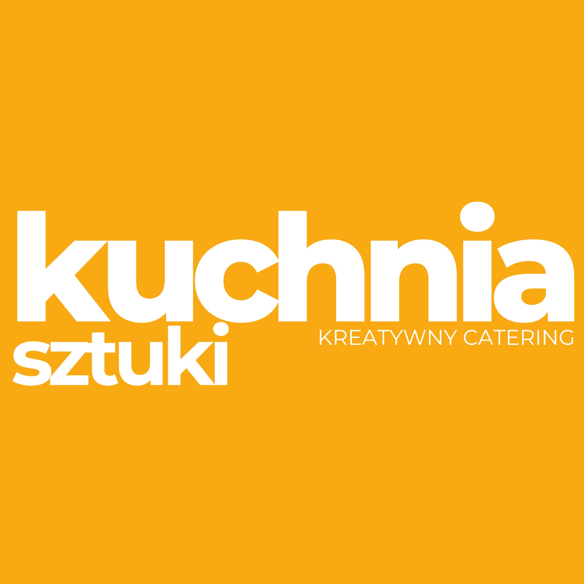 Żółte tło z białym logo 'Kuchnia Sztuki', pod spodem napis 'KREATYWNY CATERING'. Minimalistyczny design, nowoczesny font.