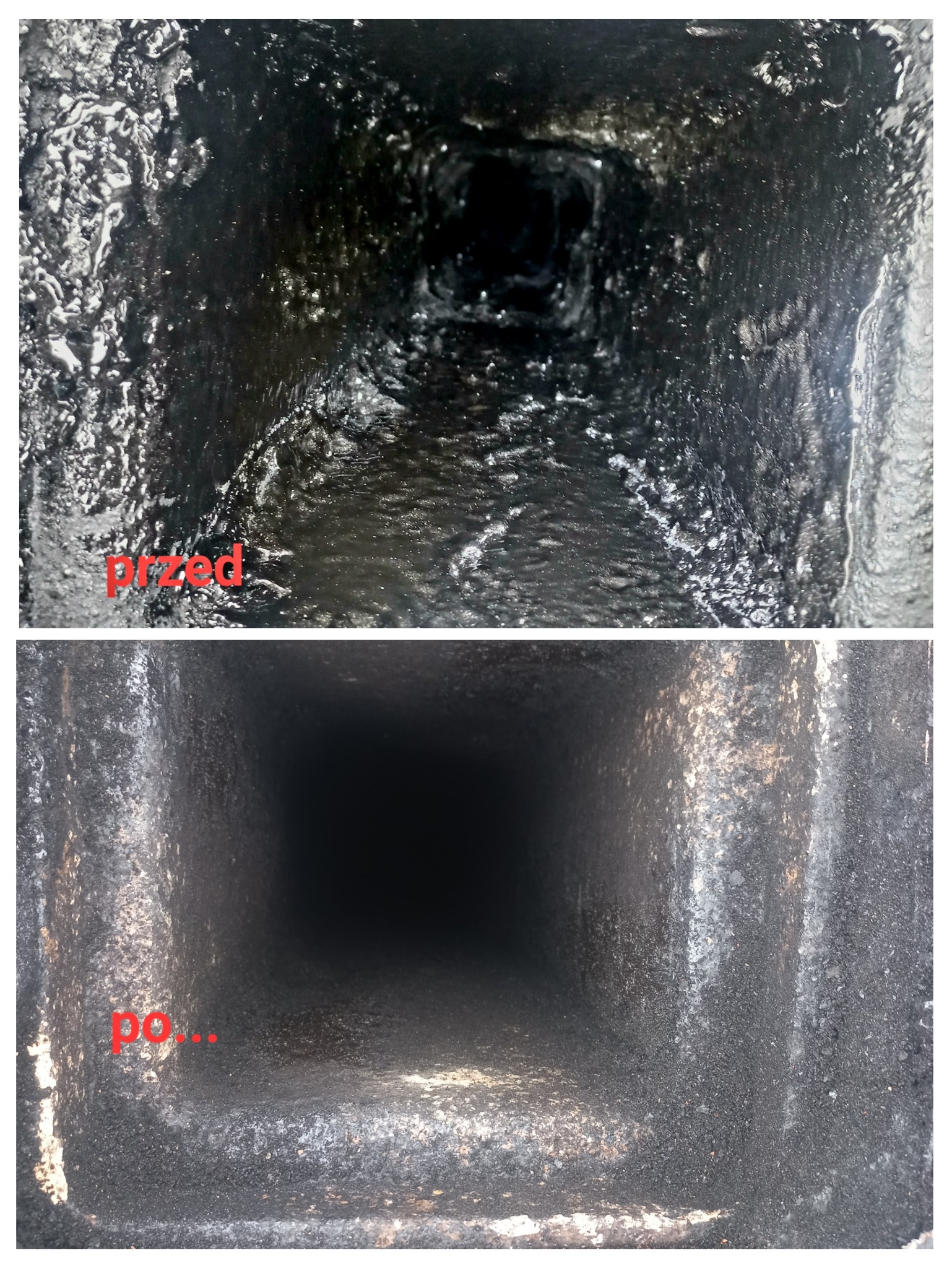Kominiarski przewód dymowy w ujęciu przed i po czyszczeniu. Górna część brudna, dolna wyczyszczona. Widoczne osady sadzy i smoły.