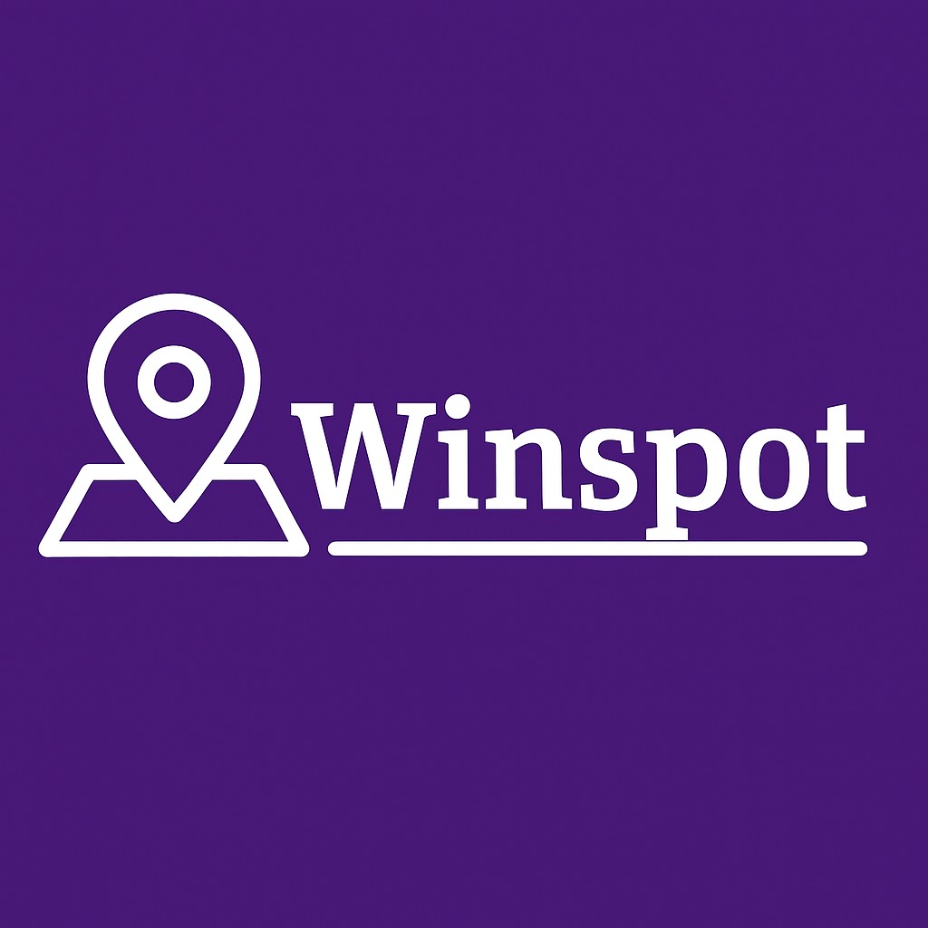 Logo Winspot na fioletowym tle: biały znacznik lokalizacji połączony z nazwą firmy podkreśloną linią. Minimalistyczny design dla wirtualnego biura.