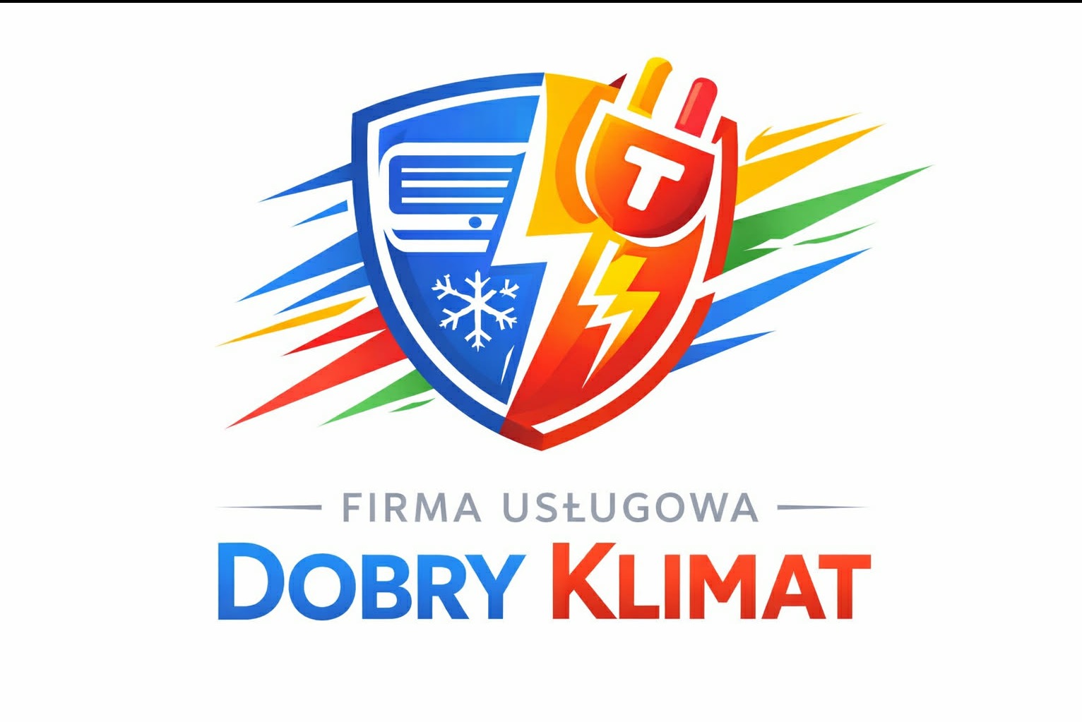 Kolorowe logo firmy usługowej 'Dobry Klimat' z motywem klimatyzacji (płatki śniegu, klimatyzator) i elektryki (wtyczka, błyskawica) na białym tle.
