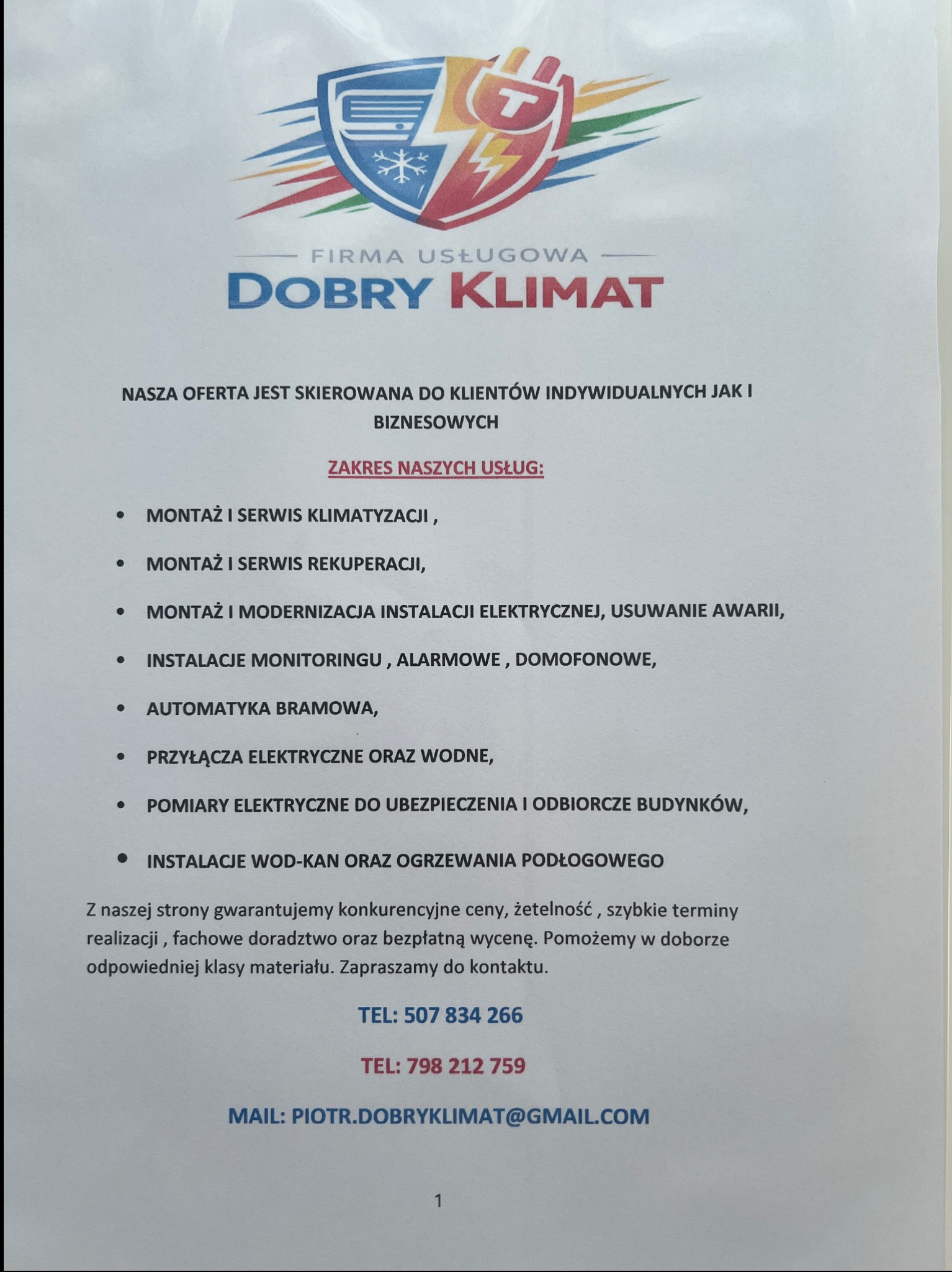 Oferta firmy usługowej 'Dobry Klimat' z zakresem usług: montaż klimatyzacji, rekuperacji, instalacji elektrycznych, alarmów, automatyki bramowej, przyłączy, pomiarów i instalacji wod-kan.