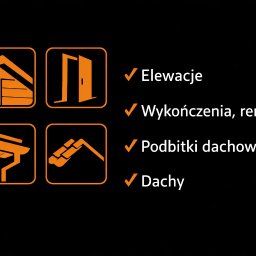 Przemysław Przybyszewski - Graficzne ikony w pomarańczowych kwadratach na czarnym tle, reprezentujące elewacje, wykończenia, podbitki dachowe i dachy, z zielonymi znacznikami wyboru obok nazw.