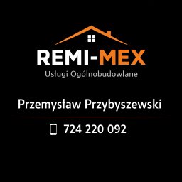 Przemysław Przybyszewski - Logo firmy REMI-MEX z pomarańczowym symbolem domu i napisem 'Usługi Ogólnobudowlane', poniżej imię i nazwisko oraz numer telefonu na czarnym tle.