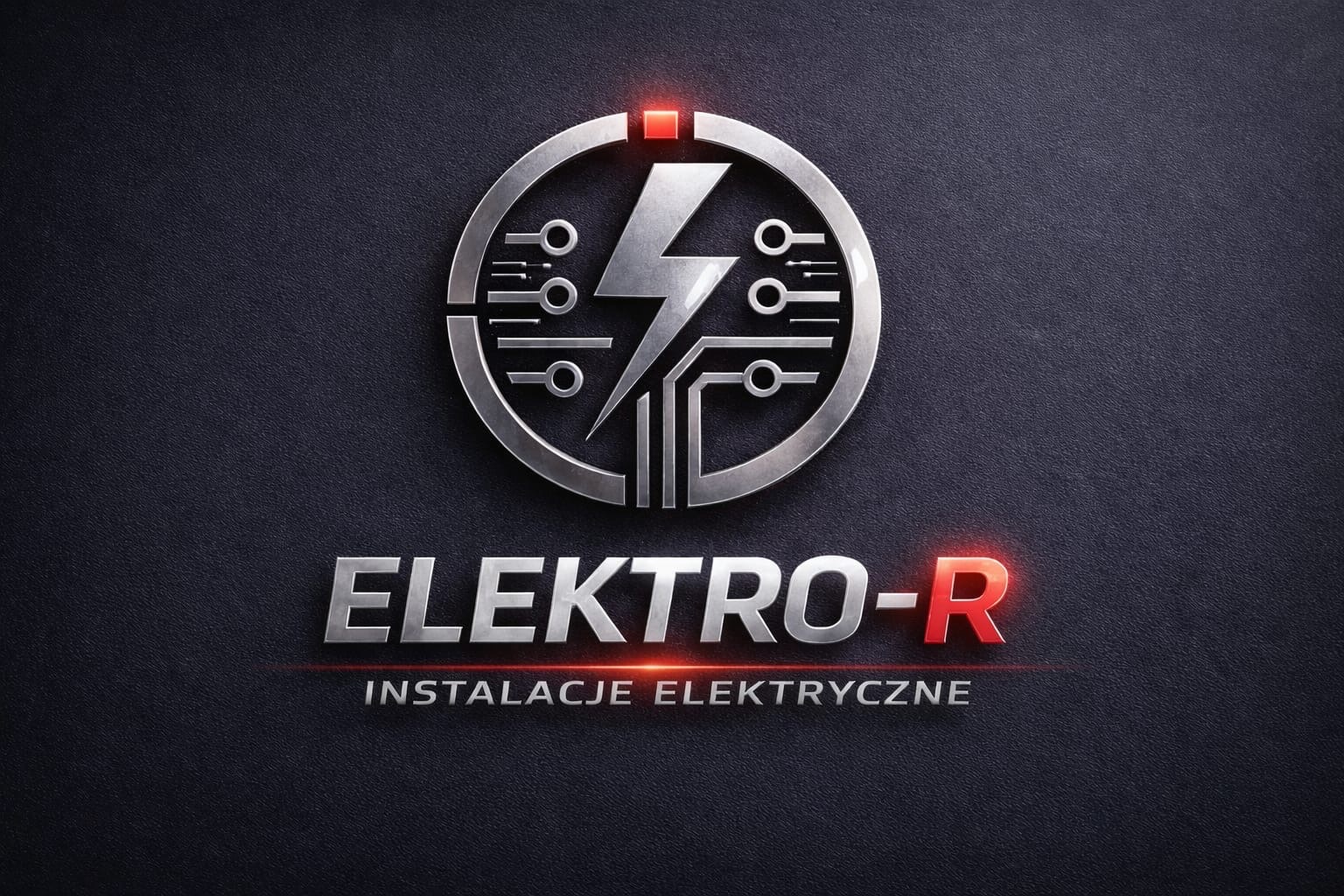 Logo firmy Elektro-R z symbolem błyskawicy w okręgu, napis ELEKTRO-R i INSTALACJE ELEKTRYCZNE na teksturowanym, ciemnym tle. Litera R w nazwie firmy jest koloru czerwonego.
