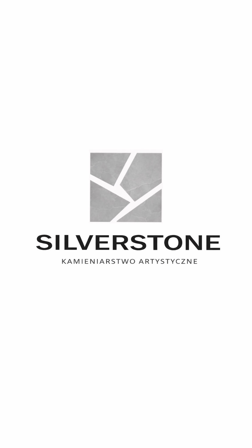Logo firmy Silverstone Kamieniarstwo Artystyczne. Szary kwadrat z białymi liniami imitującymi pęknięcia kamienia. Czarny napis 'SILVERSTONE' i pod nim 'KAMIENIARSTWO ARTYSTYCZNE'.