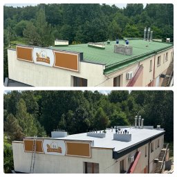 Mem-Dach - Zdjęcie 'przed i po' budynku piekarni z nowym, szarym dachem. Na pierwszym planie zielony dach, na drugim szary. Widoczna drabina oparta o budynek. Tło: drzewa.