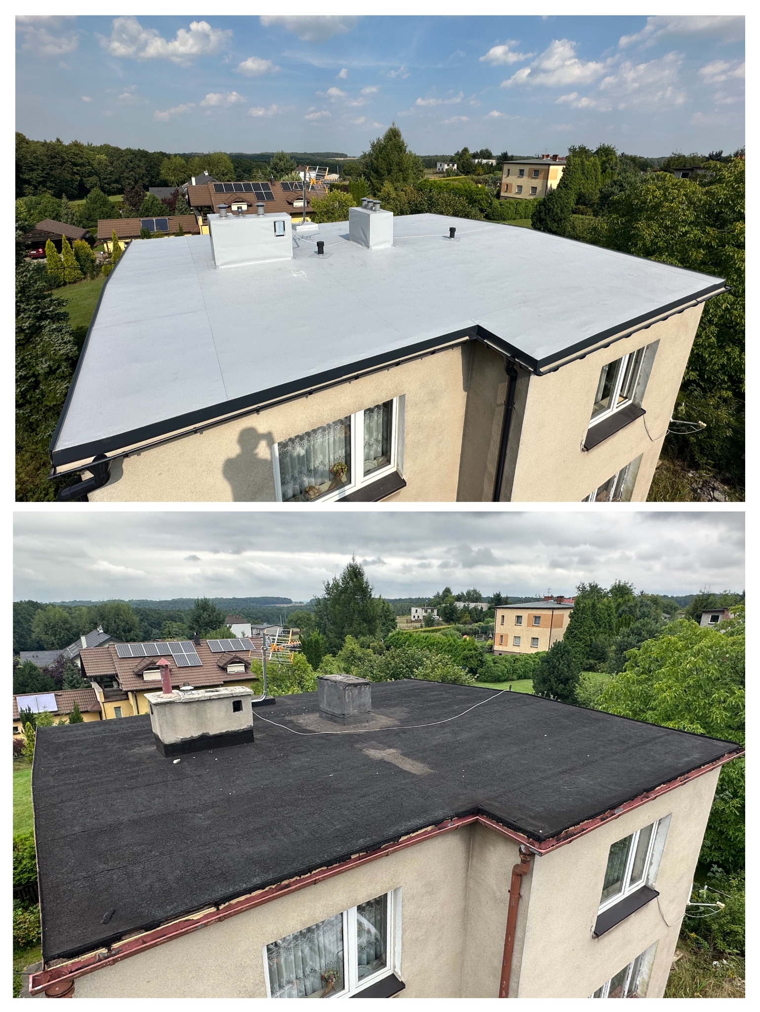 Zdjęcie 'przed i po' prezentujące remont dachu budynku. Na górze nowy, jasnoszary dach z obróbkami blacharskimi, na dole stary, czarny dach z widocznymi uszkodzeniami.
