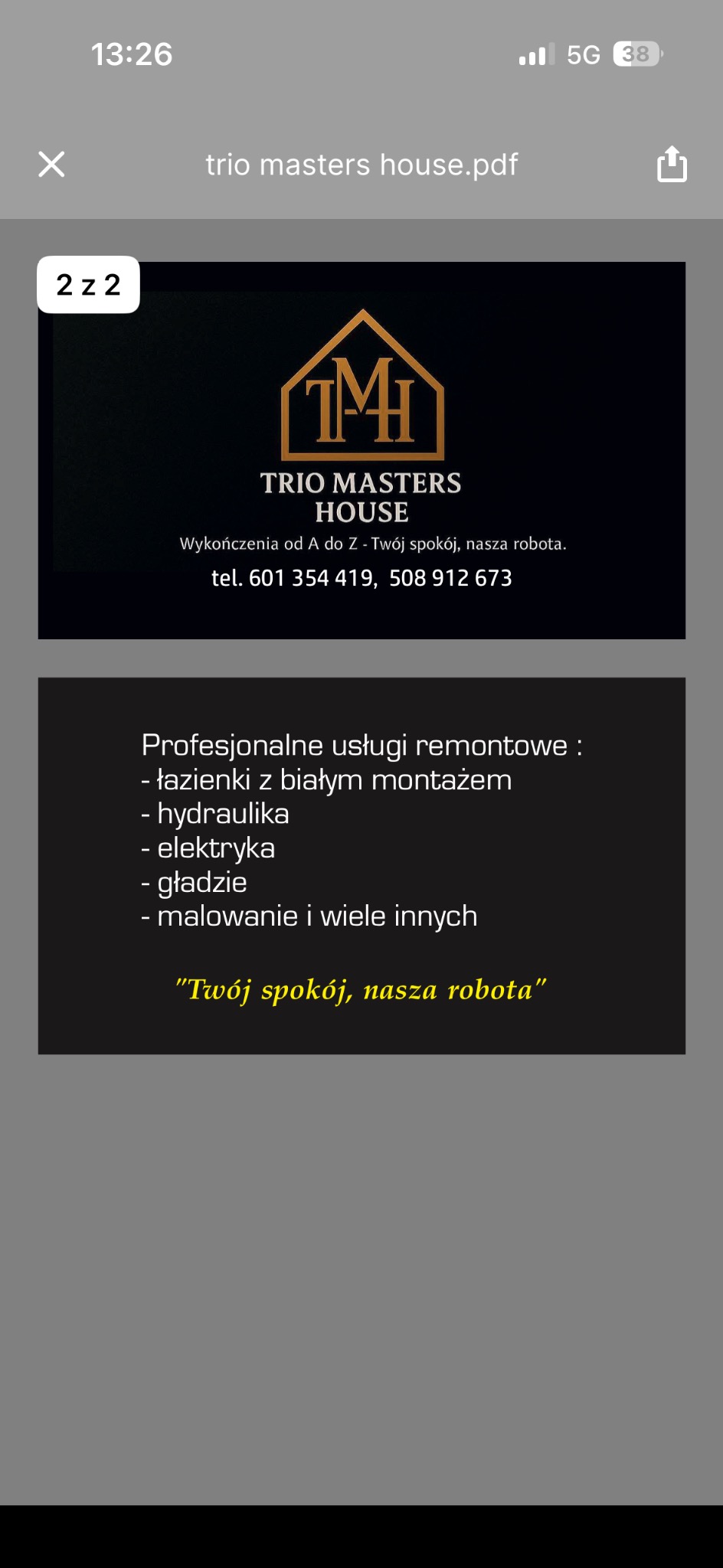 Grafika z logo firmy Trio Masters House, oferującej wykończenia wnętrz i usługi remontowe, w tym łazienki, hydraulikę, elektrykę, gładzie i malowanie. Kontakt: 601354419, 508912673.
