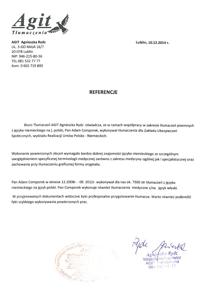 Referencje z Biura Tłumaczeń AGIT, Lublin
