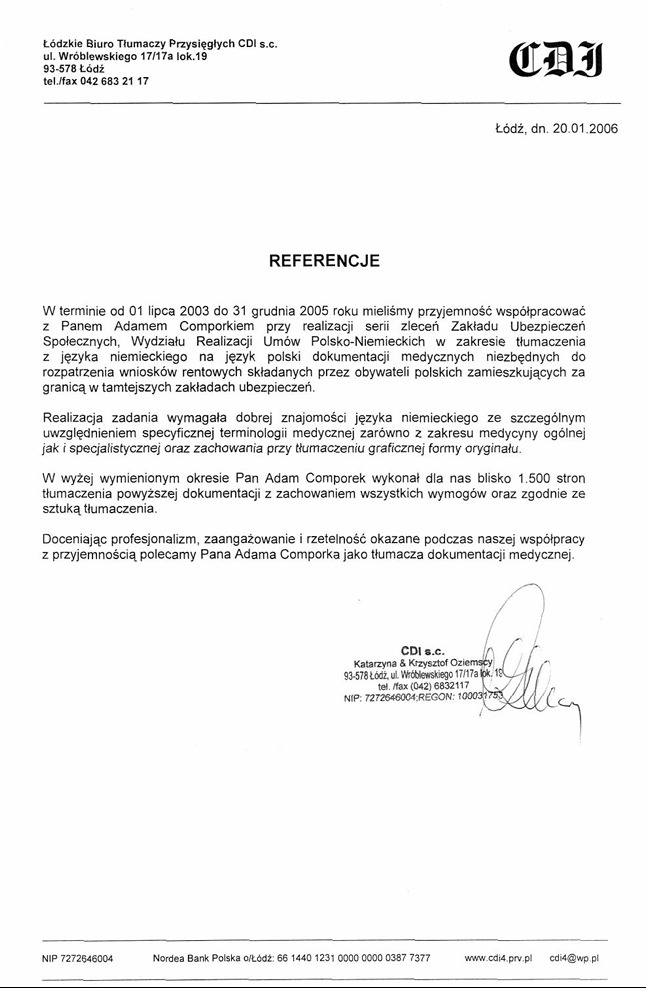 Referencje z Biura Tłumaczeń CDI, Łódź