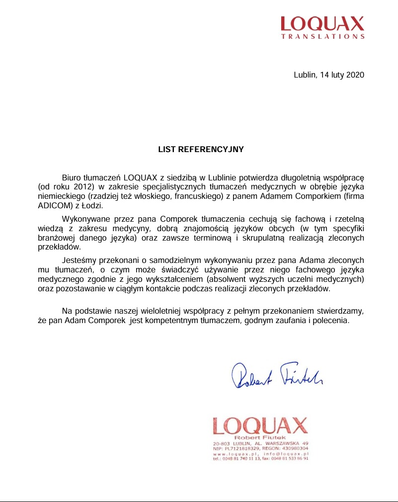 Referencje z Biura Tłumaczeń LOQUAX, Lublin