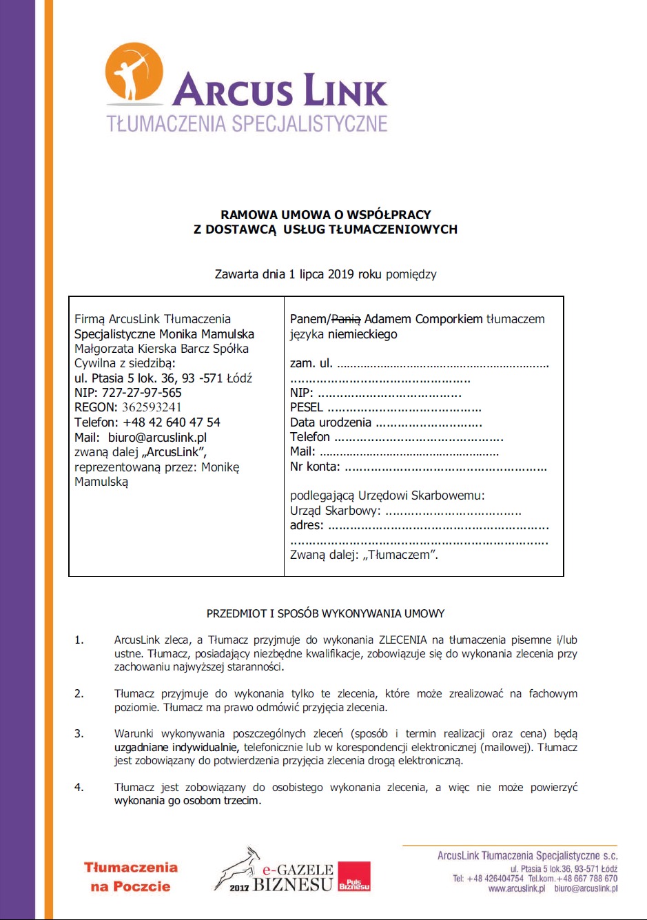 Umowa współpracy z Biurem Tłumaczeń Specjalistycznych Arcus Link, Łódź