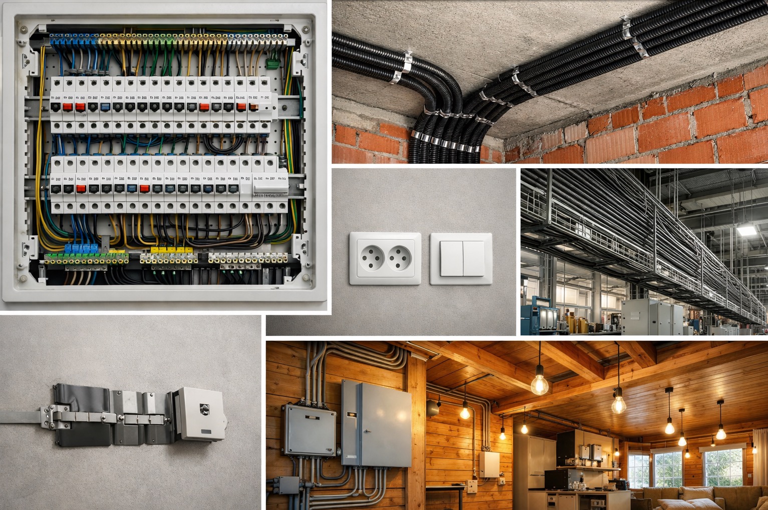 Kompozycja z detalami instalacji elektrycznych: rozdzielnica, kable w peszlach na ceglanym suficie, gniazdka i włączniki, koryta kablowe w hali, instalacja w drewnianym domu.