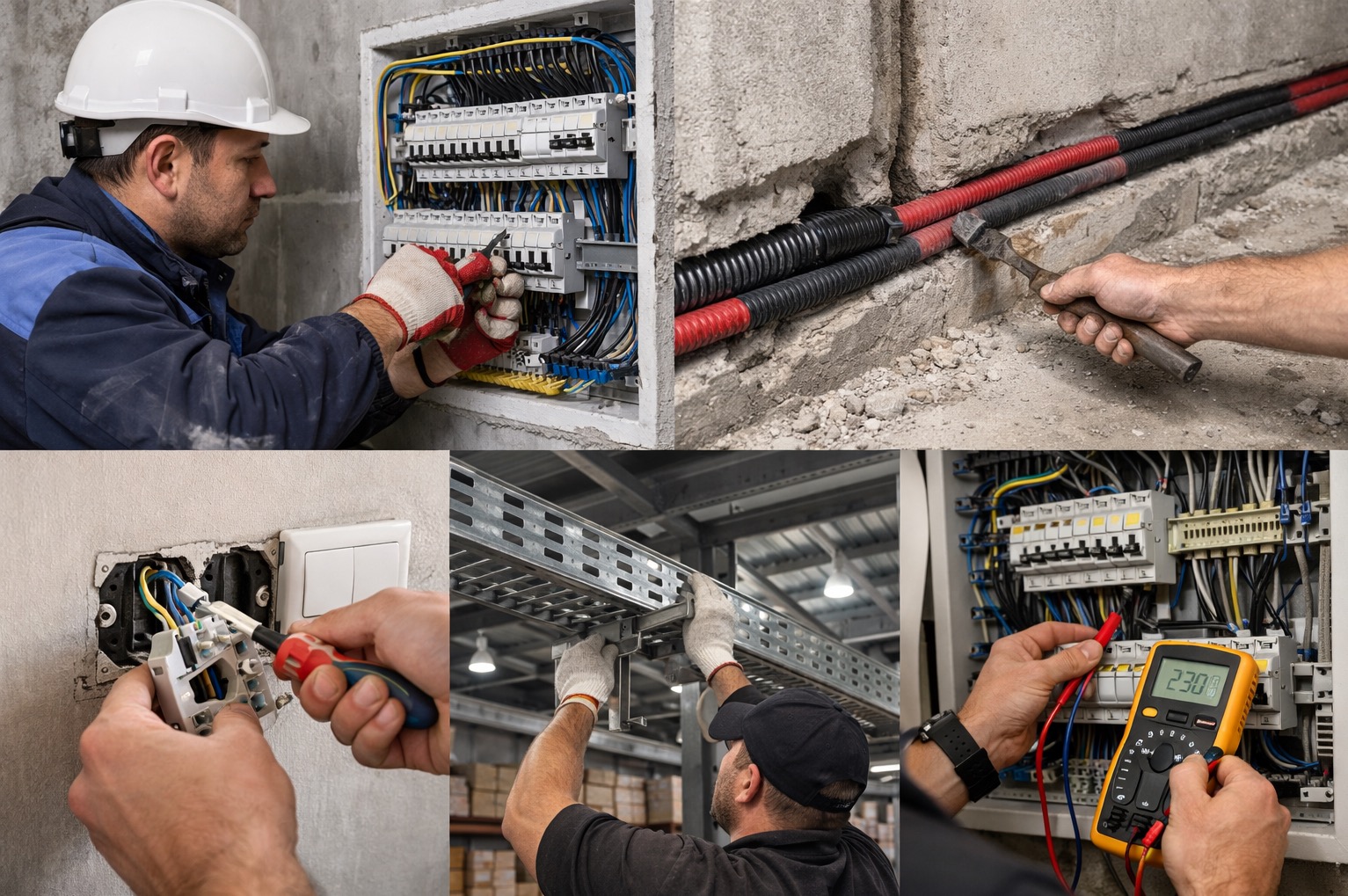 Montaż rozdzielnicy, układanie kabli w peszlu, instalacja gniazdka, montaż koryta kablowego i pomiary elektryczne - kolaż z prac elektrycznych.