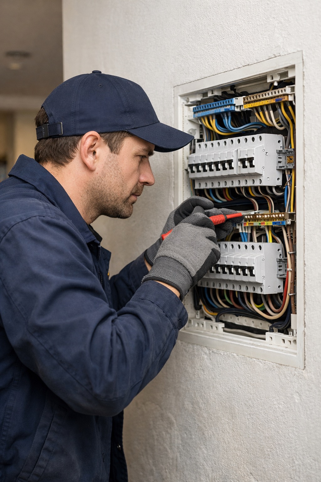 Elektryk w niebieskiej kurtce i czapce, w szarych rękawicach, pracuje przy skrzynce z bezpiecznikami, używając śrubokręta. Widoczne kable i elementy instalacji.