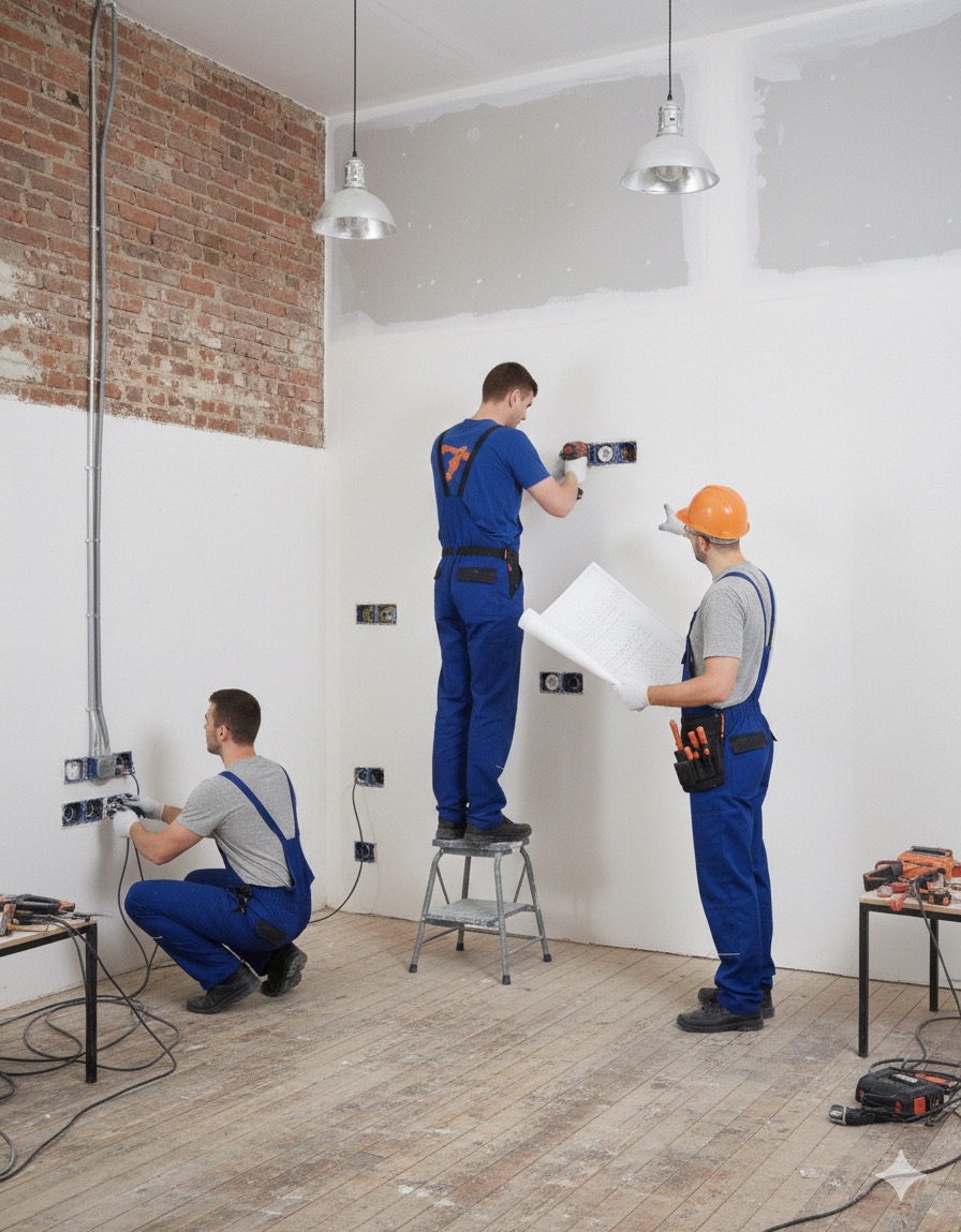 Trzech elektryków w niebieskich kombinezonach montuje gniazdka elektryczne w nowym budynku. Jeden z nich trzyma plan instalacji.