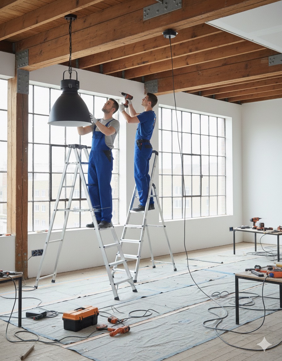 Dwóch monterów na drabinach instaluje dużą, czarną lampę w przestronnym, jasnym pomieszczeniu z drewnianym stropem i dużymi oknami. Widoczne narzędzia i zabezpieczenia podłogi.