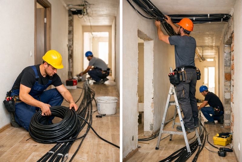 Dwóch elektryków w trakcie instalacji przewodów w budynku w stanie deweloperskim. Jeden zwija kabel, drugi na drabinie montuje przewody pod sufitem.