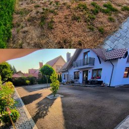 JANBUD - Zdjęcie 'przed i po' ukazujące transformację ogrodu: od wyschniętej trawy do świeżo wysypanego żwiru z obrzeżami z kostki, z młodymi drzewkami w kamiennych rabatach.