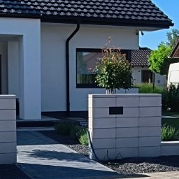 JANBUD - Nowoczesny ogród frontowy z kostki brukowej i niskim murem z bloczków, ozdobiony drzewkami w donicach. Widoczny dom z czarnym dachem i elementami wykończenia.