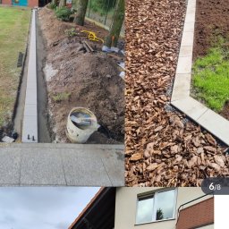 JANBUD - Etapy tworzenia ścieżki w ogrodzie: przygotowanie podłoża, obrzeża z kostki, wysypanie korą. Widok na dom i zieleń. Prace ziemne w toku.