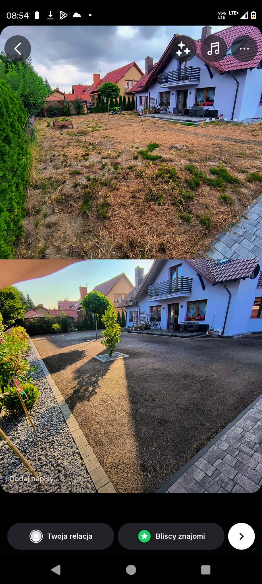 Zdjęcie 'przed i po' ukazujące transformację ogrodu: od wyschniętej trawy do świeżo wysypanego żwiru z obrzeżami z kostki, z młodymi drzewkami w kamiennych rabatach.