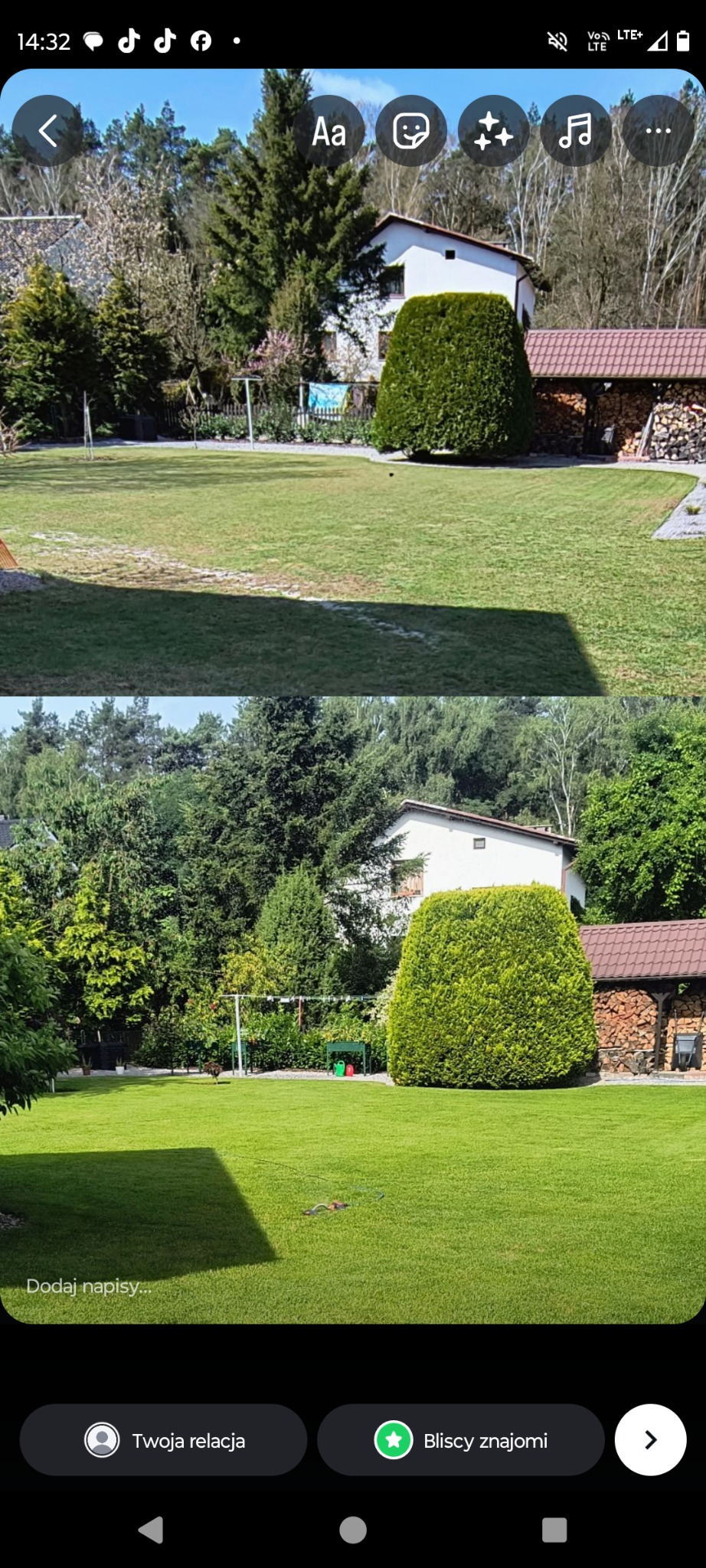 Zdjęcie 'przed i po' prezentujące metamorfozę trawnika. Górna część ukazuje zaniedbany trawnik, dolna - zadbany, zielony trawnik z równo przyciętym żywopłotem.