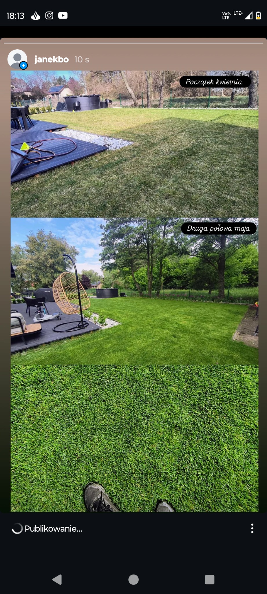 Porównanie trawnika: początek kwietnia (sucha trawa) i druga połowa maja (soczysta zieleń). Widoczny fragment tarasu i elementy wyposażenia ogrodu.