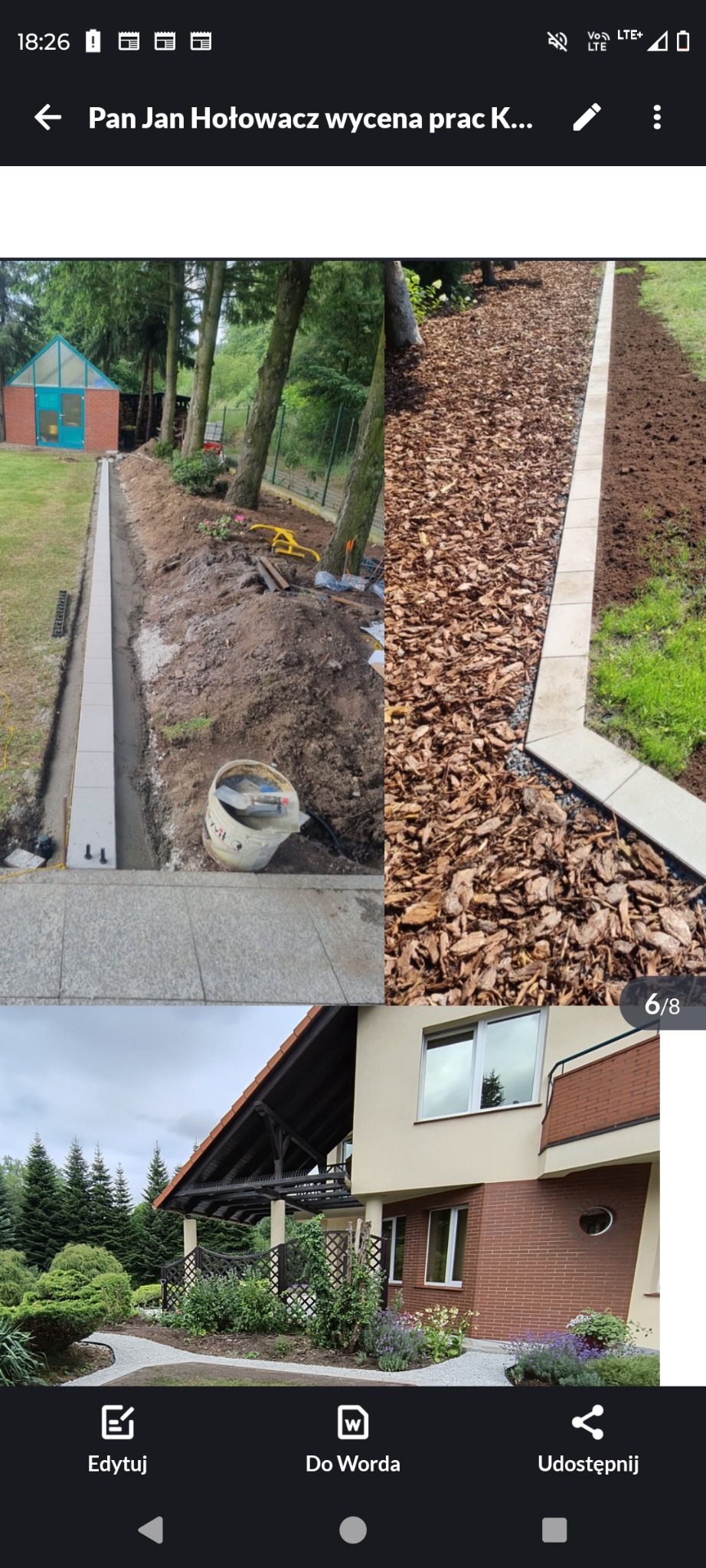 Etapy tworzenia ścieżki w ogrodzie: przygotowanie podłoża, obrzeża z kostki, wysypanie korą. Widok na dom i zieleń. Prace ziemne w toku.