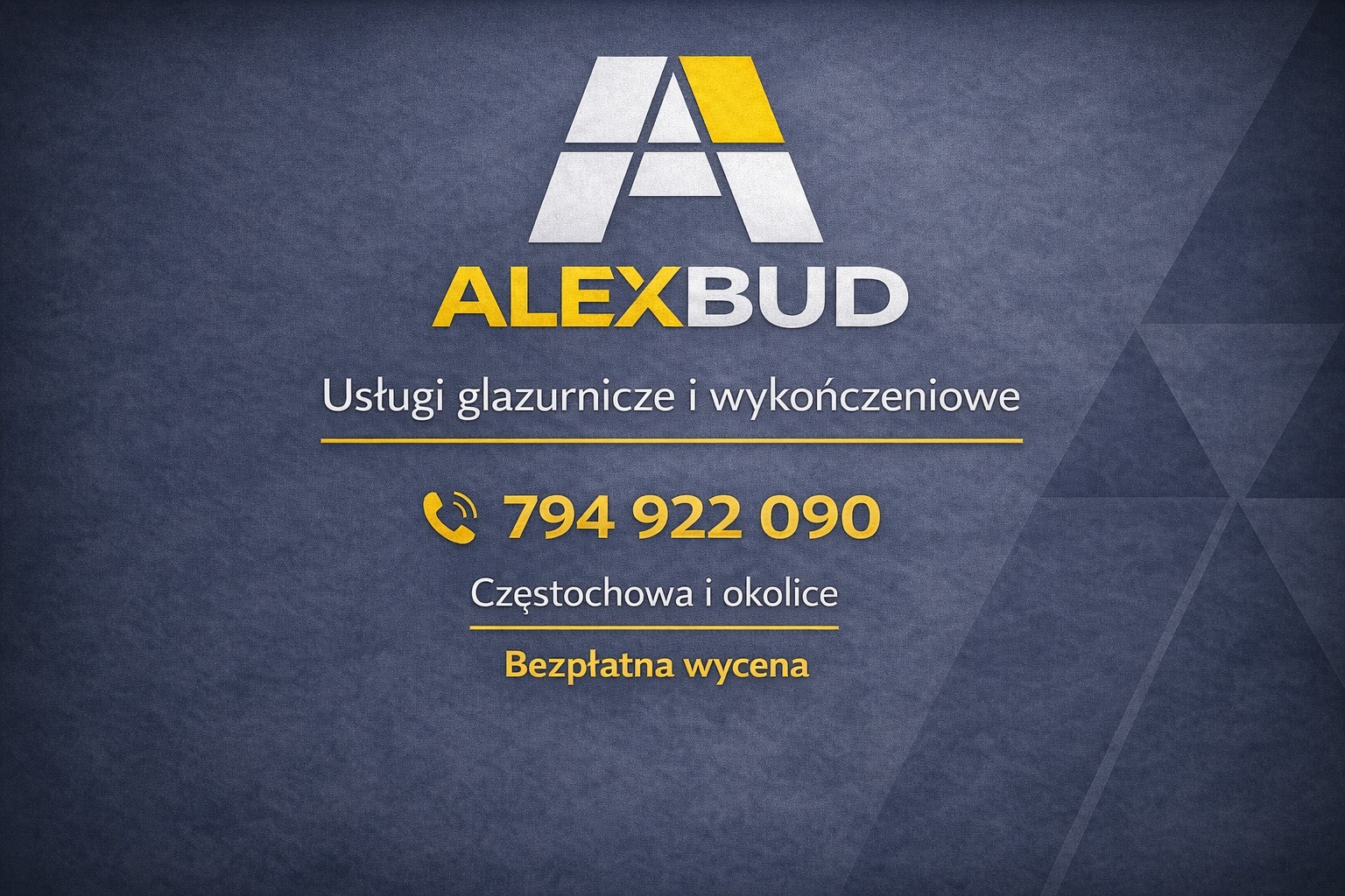 Grafika z logo firmy ALEXBUD oferującej usługi glazurnicze i wykończeniowe w Częstochowie i okolicach. Kontakt telefoniczny i bezpłatna wycena.