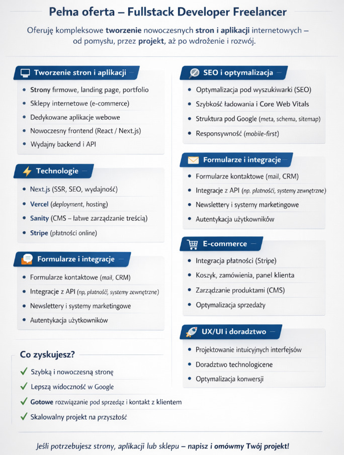 Oferta Fullstack Developera: tworzenie stron i aplikacji, SEO, e-commerce, UX/UI. Nowoczesny frontend, wydajny backend, integracje API, optymalizacja konwersji.