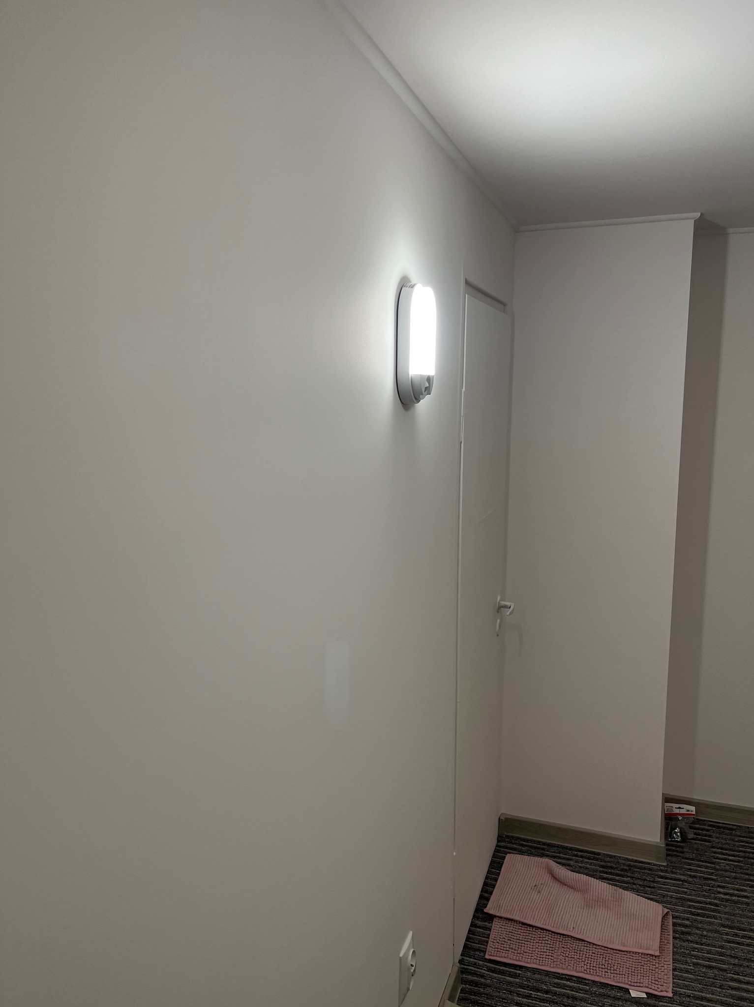 Białe, świeżo pomalowane wnętrze z lampą ścienną i drzwiami. Widoczny fragment podłogi z dywanikiem. Minimalistyczny design, czyste linie, jasne oświetlenie.