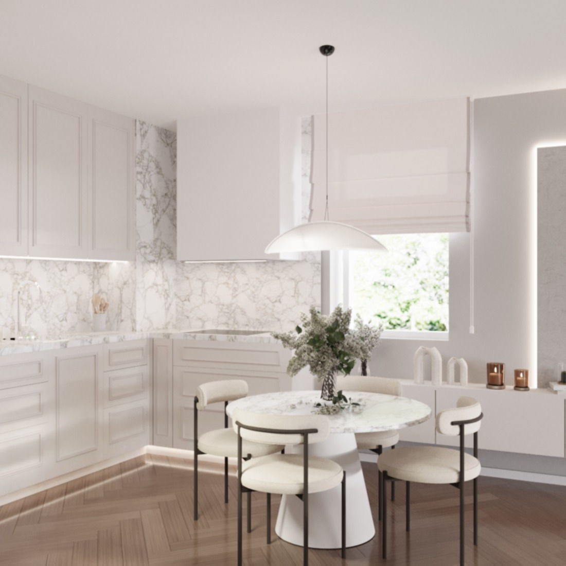 Elegancka kuchnia w bieli i marmurze: okrągły stół z kwiatami, minimalistyczne krzesła, subtelne oświetlenie LED podkreśla luksusowy charakter wnętrza.